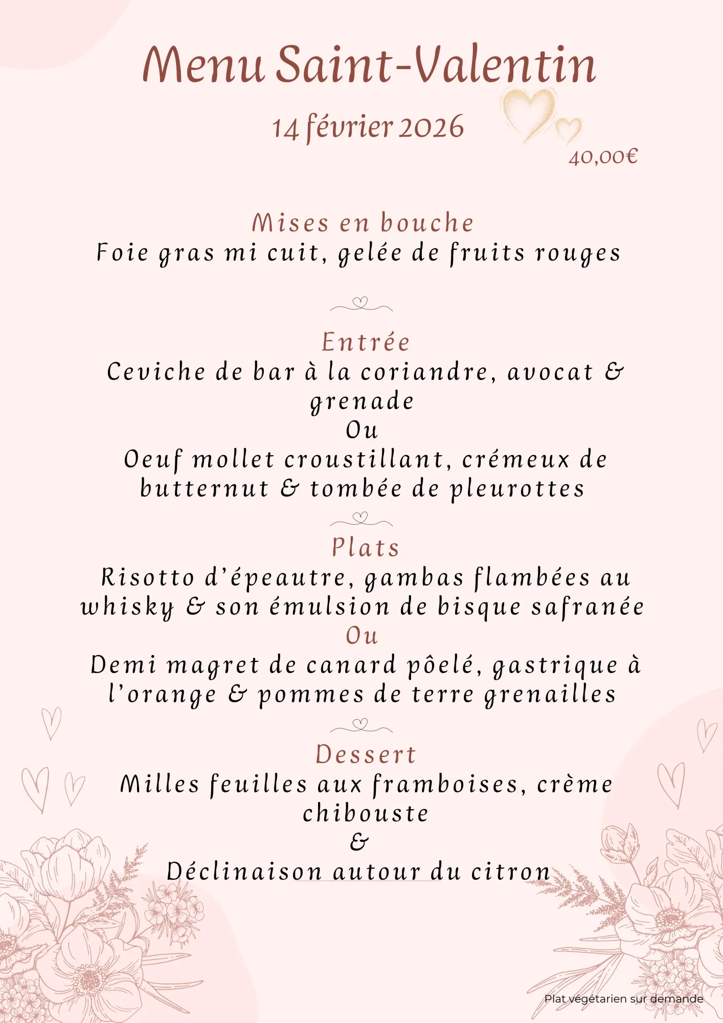 Menu Saint Valentin - Table de l'hippodrome